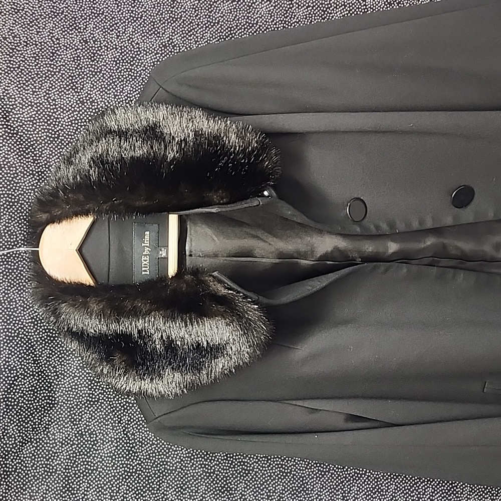 LUXE by Irena Black Lightweight Coat with Faux Fur.